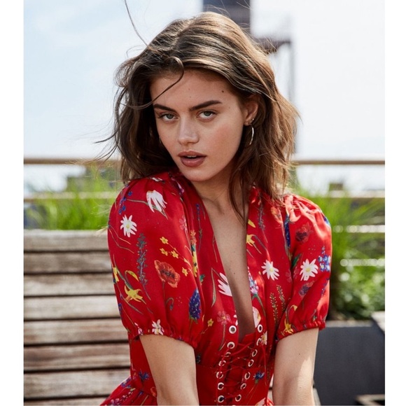 THE KOOPLES Floral Satin Puff Short Sleeve Lace Up Front Ruffle Hem Mini Dress S - Picture 4 of 12